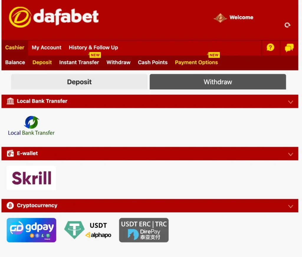 dafabet deposit withdraw method