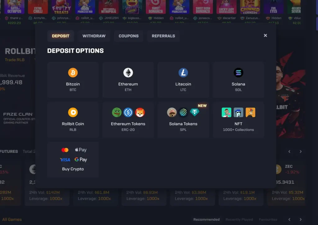 rollbit deposit methods BTC, ETH, LTC SOL, RLB, creditcard, google pay, apple pay